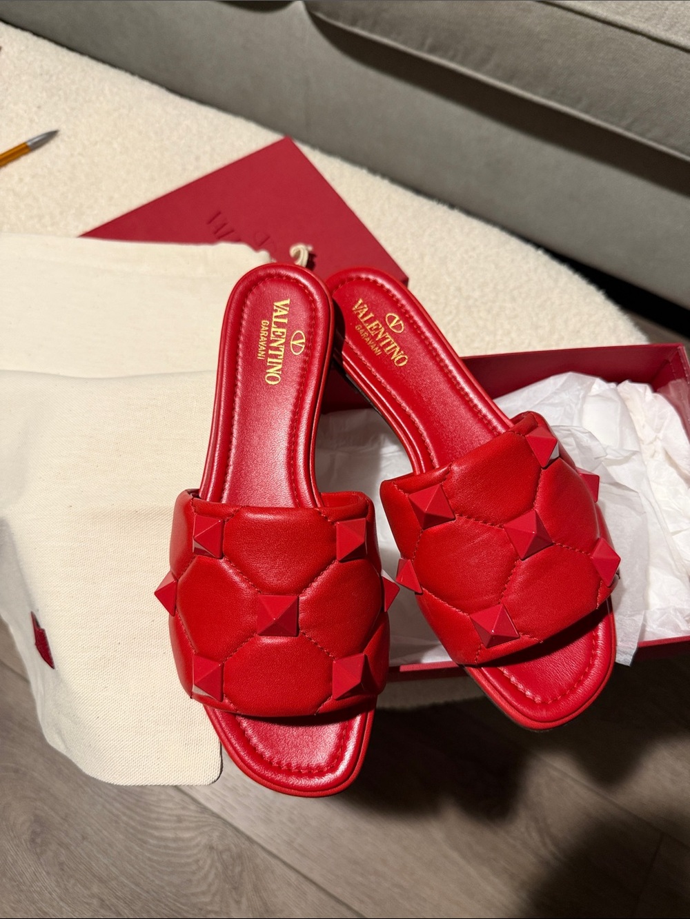 Valentino Red Quilted Leather Stud Slide Mules